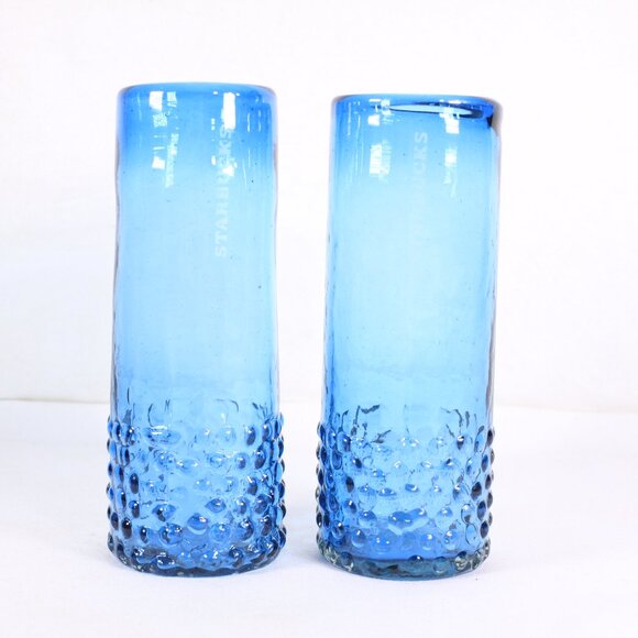 Set of 2 Starbucks Etched Bottle Blue Hand Blown Hobnail Tumbler Cold Glasses - Picture 1 of 7
